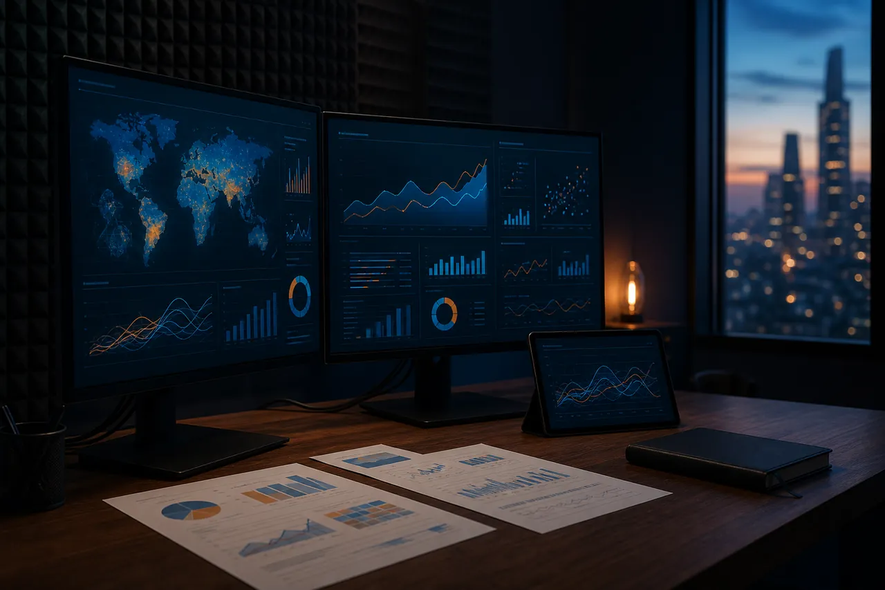 An analysis workspace with screens showing charts and datasets, and printed reports alongside.