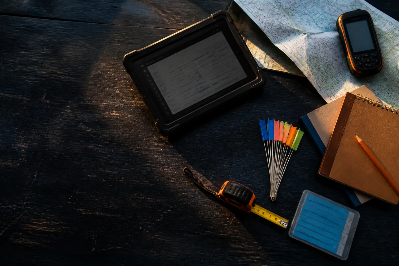 Field data-collection equipment and printed forms laid out on a work surface.